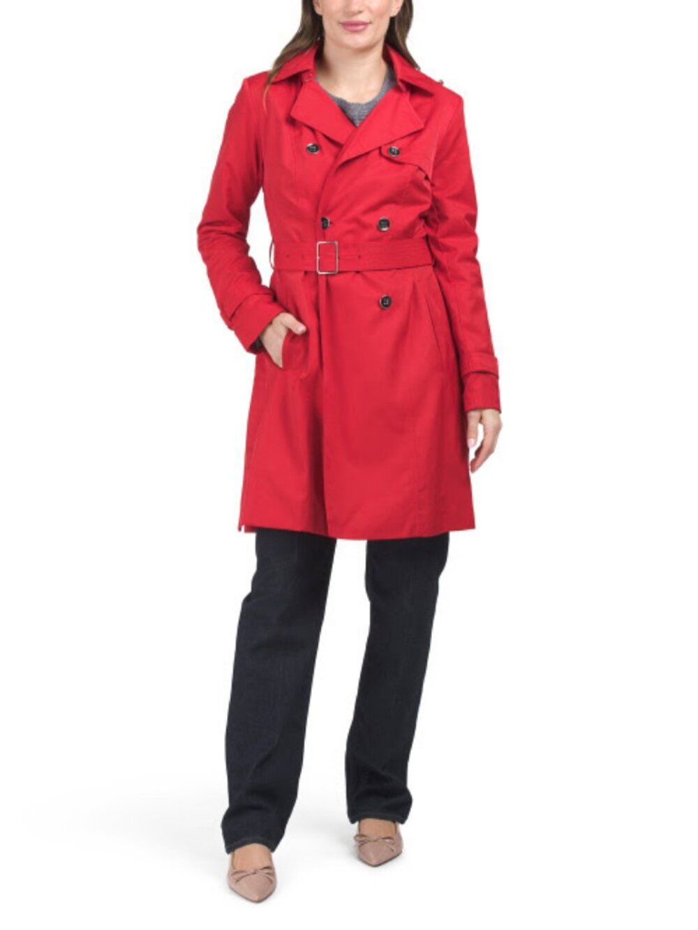 Cole Haan $300 Removable Hood Belt Water Resistant Red Trench Coat Jacket L (M)